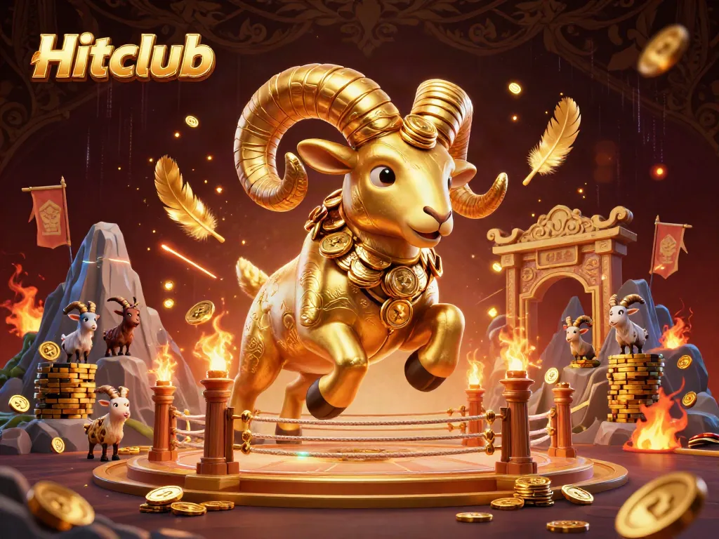 Hitclub features a golden ram charging through a vibrant 3D casino scene.