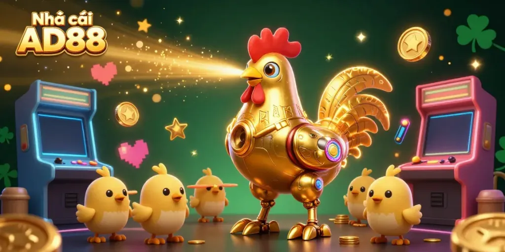 Engage with Nhà cái AD88 in this dynamic 3D scene featuring a golden rooster robot and gaming elements.