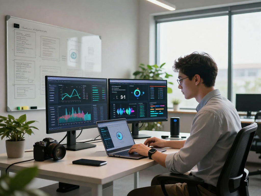 Focused professional using Juicy ai data insights in innovative tech workspace, analyzing graphs on screens.