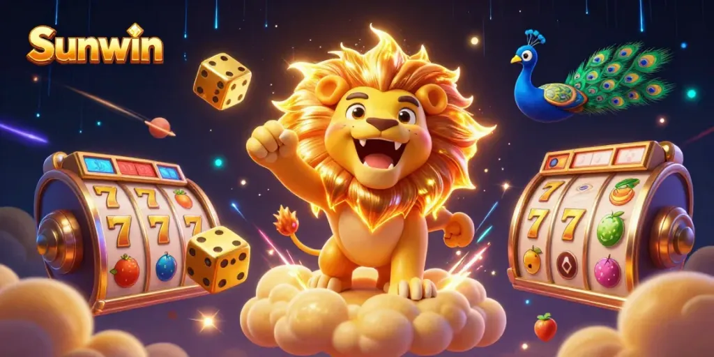 Spin and win at Sunwin with vibrant slot reels, golden dice, and roaring sun lion in captivating casino scene.