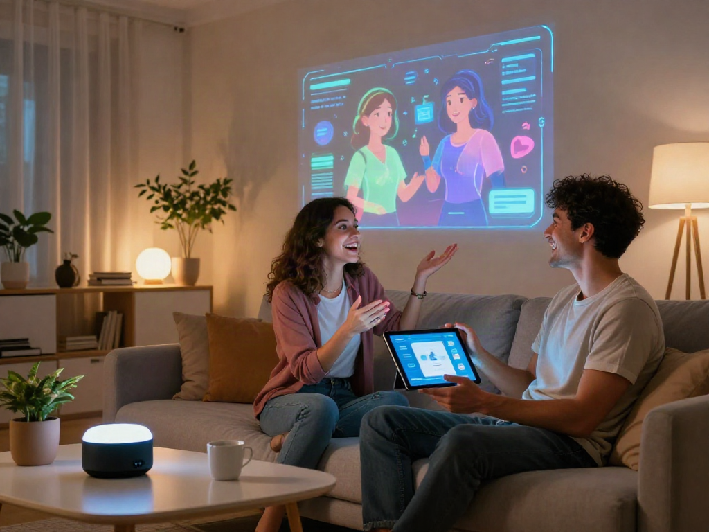Couple enjoying AI girlfriend app interactions in a modern living room, showcasing ai gf technology integration.