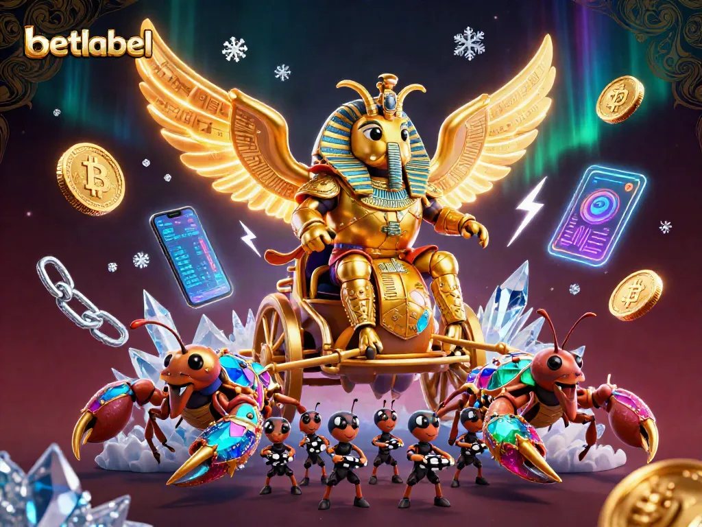 Experience the thrill of betting with Betlabel's vibrant casino scene featuring a golden scarab and gem-encrusted scorpions.