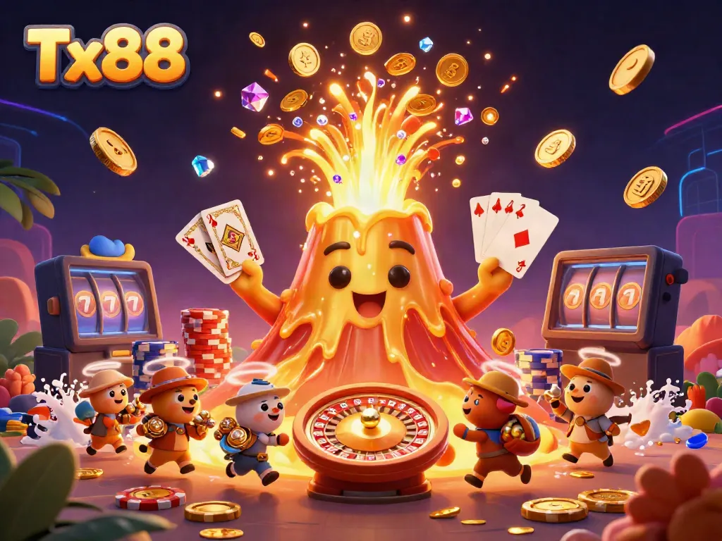 Feel the excitement at Tx88 with golden treasures erupting in this vibrant casino-themed scene.
