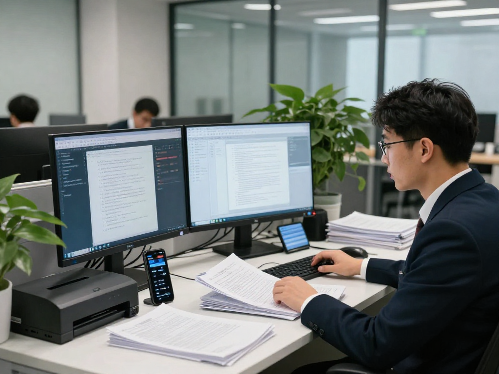 Data analyst performing document fraud detection analysis in a modern office.
