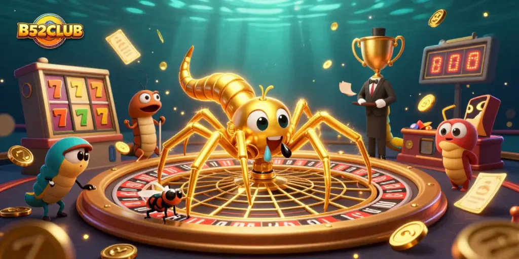 B52CLUB spins excitement with a golden spider and roulette wheel in a vibrant 3D casino scene.