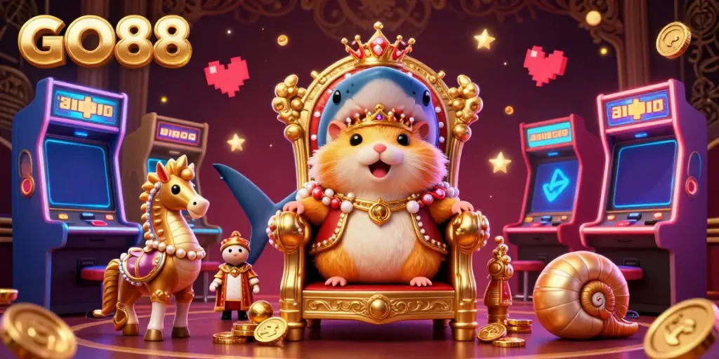 Experience the excitement of GO88 with a dynamic 3D casino scene featuring the golden hamster king and vibrant game elements.