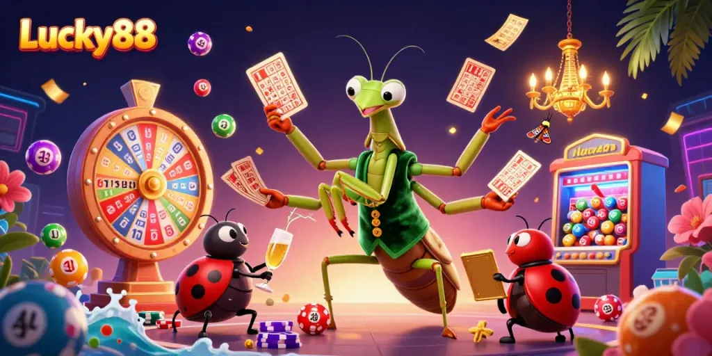 Experience the vibrant atmosphere of Lucky88, featuring dynamic characters and gambling elements.