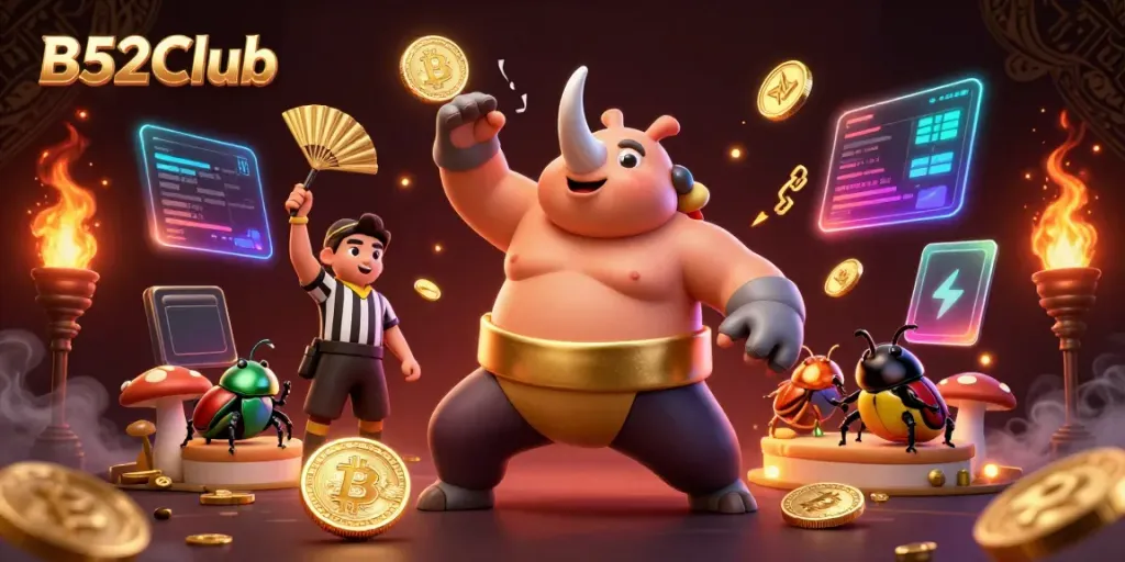 B52Club showcases vibrant gameplay with a sumo champion beetle amidst coins and crypto elements, emphasizing fun.