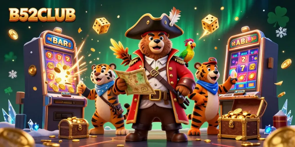 B52CLUB showcases a vibrant scene with a pirate captain bear and tiger amidst colorful casino elements.