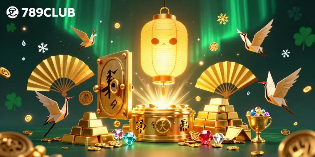 Engage in thrilling action at 789CLUB, illustrated with golden treasures and vibrant casino details.