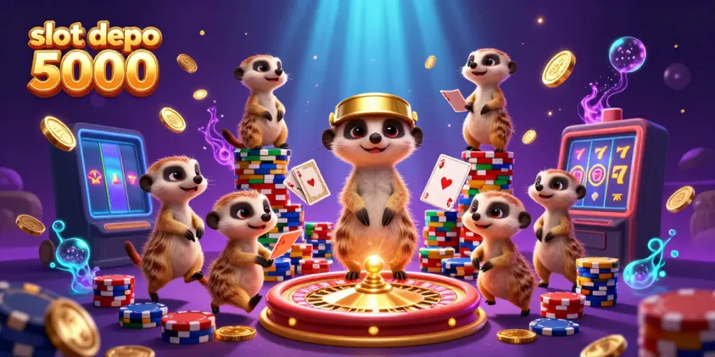 Meerkats showcasing dynamic casino operations in a vibrant scene with slot depo 5000 elements.