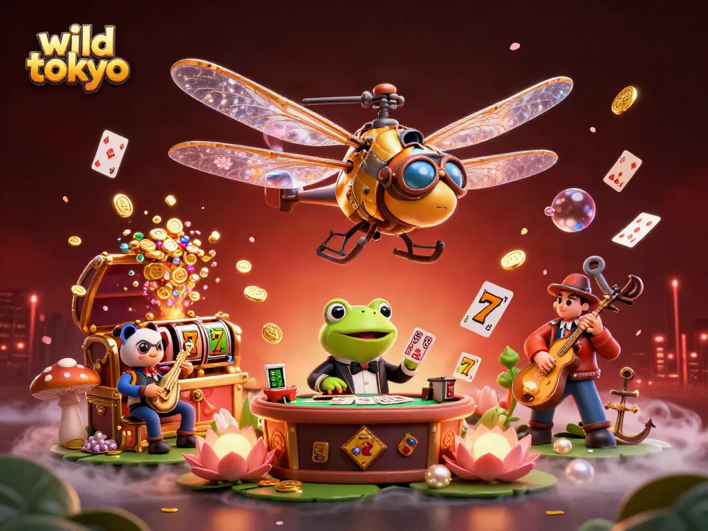 Experience the excitement of wild tokyo casino with vibrant characters at a lily pad venue.
