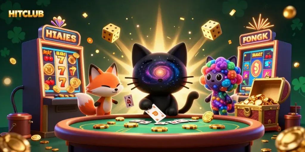 Experience the excitement of HITCLUB with a cosmic casino scene featuring dynamic characters and game elements.