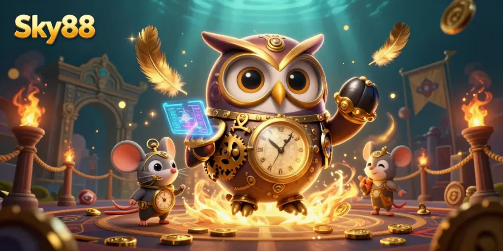 Experience thrilling gameplay at Sky88 with an enchanting steampunk owl in a vibrant casino scene.