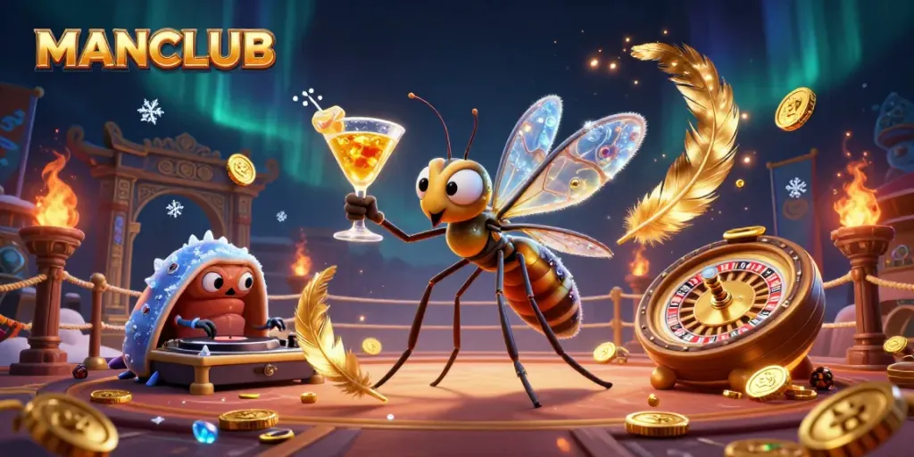 Experience the thrilling world of MANCLUB with a vibrant scene of unique casino characters and elements.
