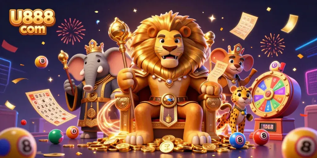 Join the excitement with U888 com as the lion king presides over a vibrant casino scene filled with dynamic gaming elements.