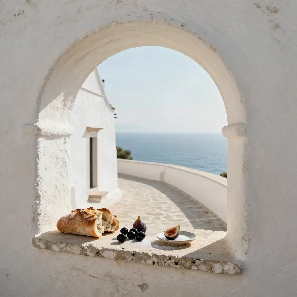 Arco bianco pugliese con pane, olive e fichi, e mare lontano nella luce del mattino