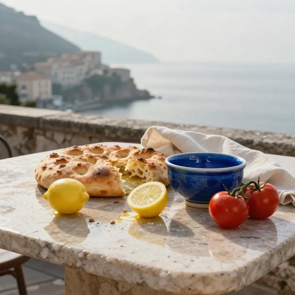 Tavola mediterranea bagnata di pioggia con focaccia, limoni, pomodori e costa sfocata.