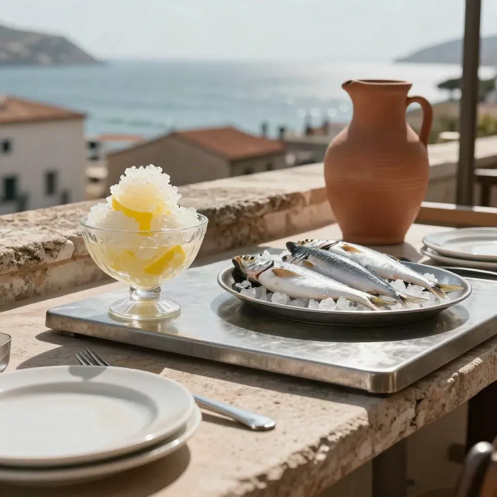 Terrazza palermitana con granita al limone, pesce e ceramiche, mare pallido sullo sfondo