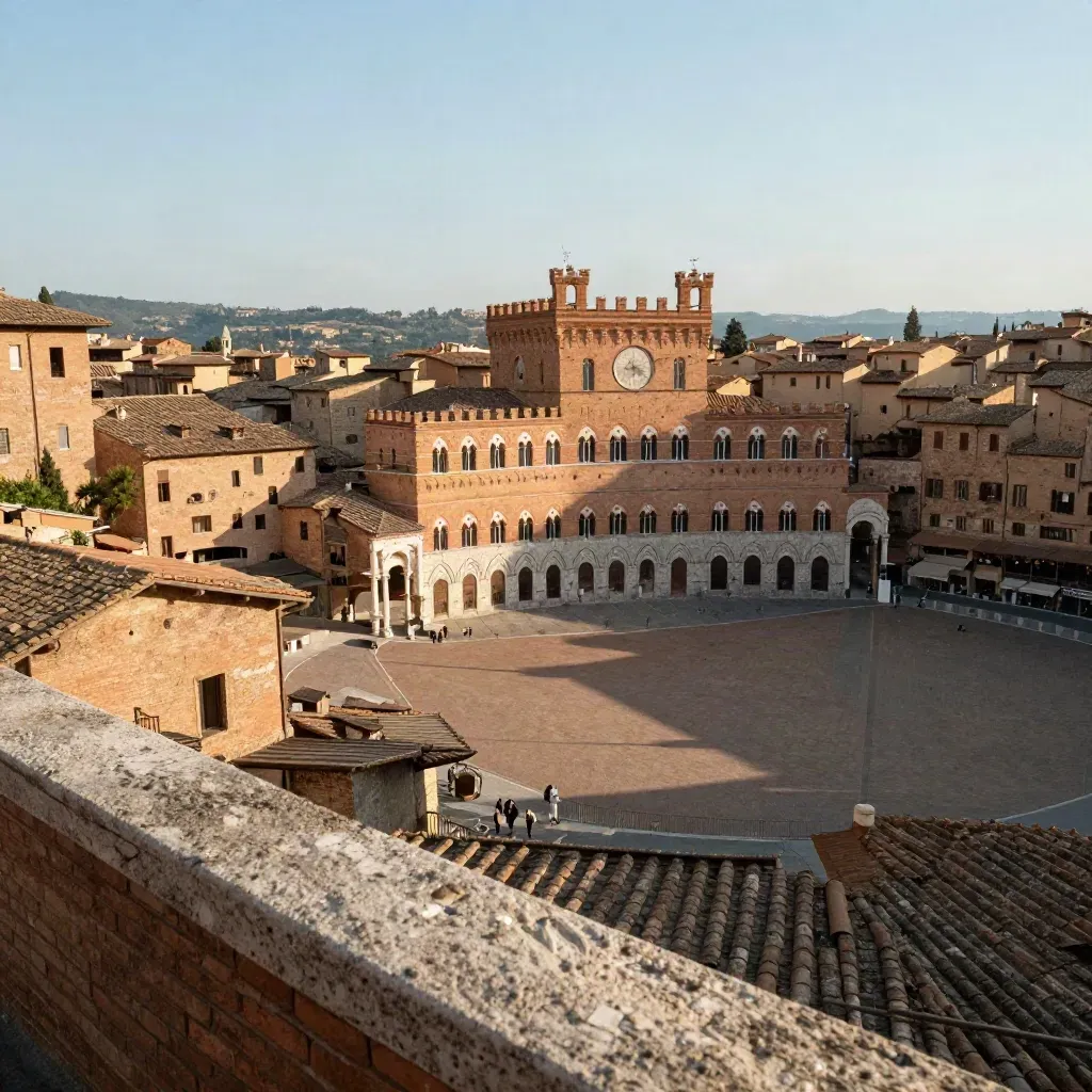 Piazza del Campo di Siena dall’alto, luci del tardo pomeriggio e ombre lunghe sulle pietre rosate