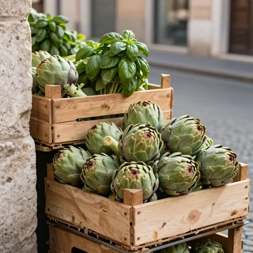 Banco romano con carciofi e basilico, luce pomeridiana e pietra consumata del portico.