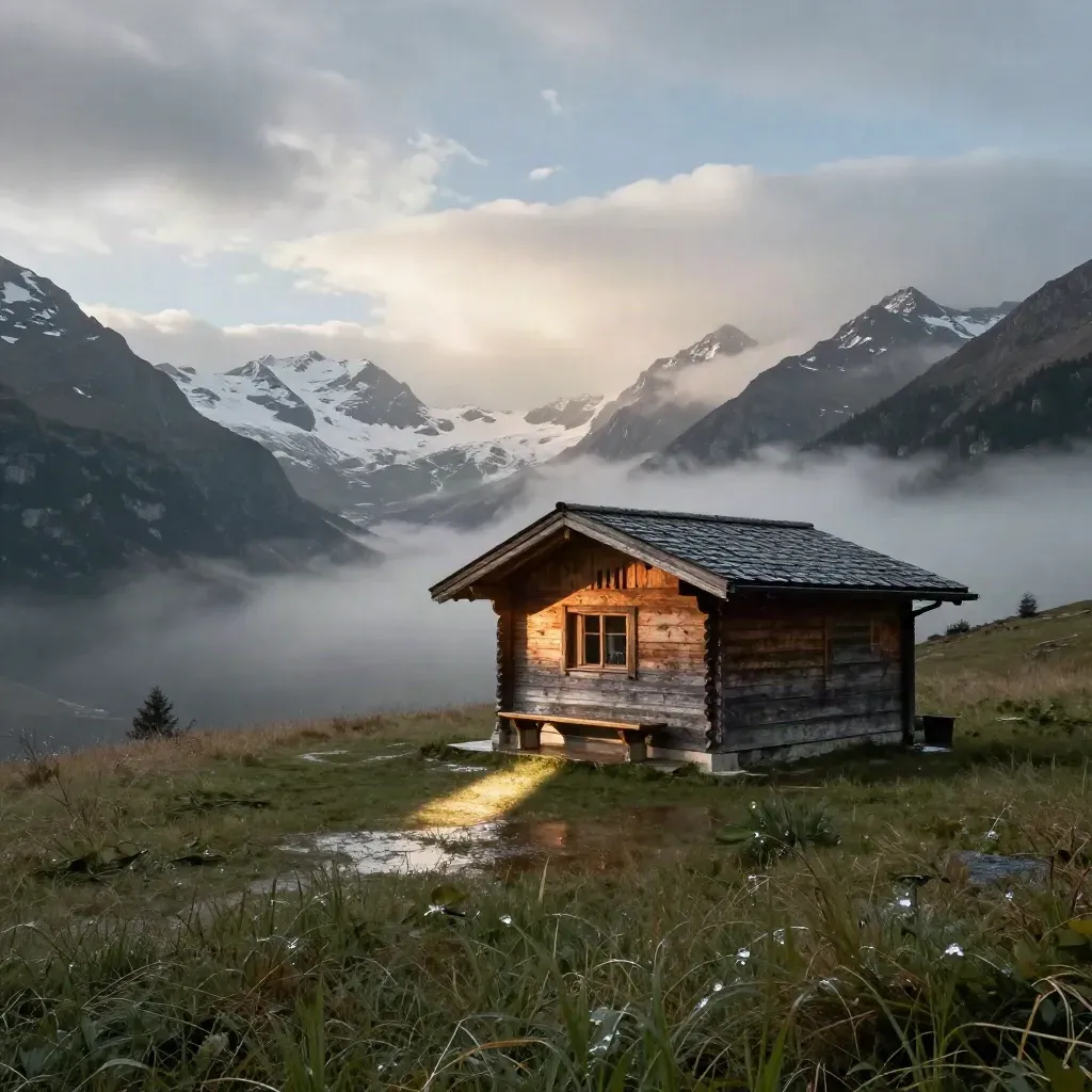 Rifugio dolomitico in legno dopo il temporale, prati umidi e cime ancora innevate.