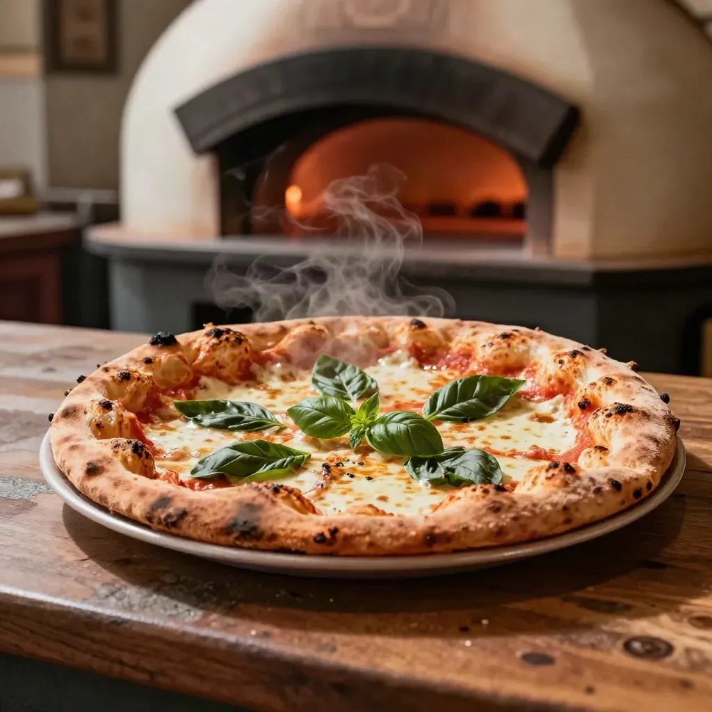 Pizza napoletana fumante appena sfornata con forno maiolicato sfocato sullo sfondo.
