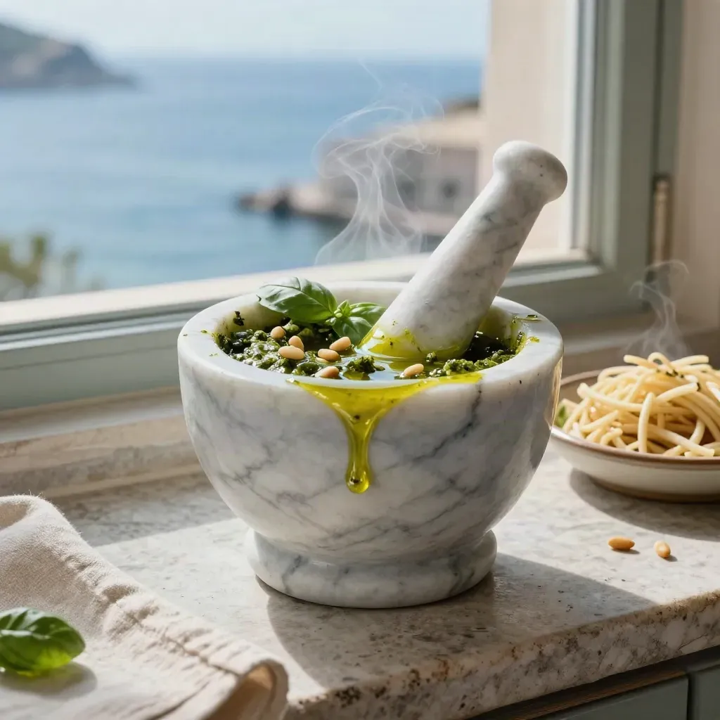 Mortaio di marmo con pesto, basilico e trofie vicino a una finestra sul mare ligure