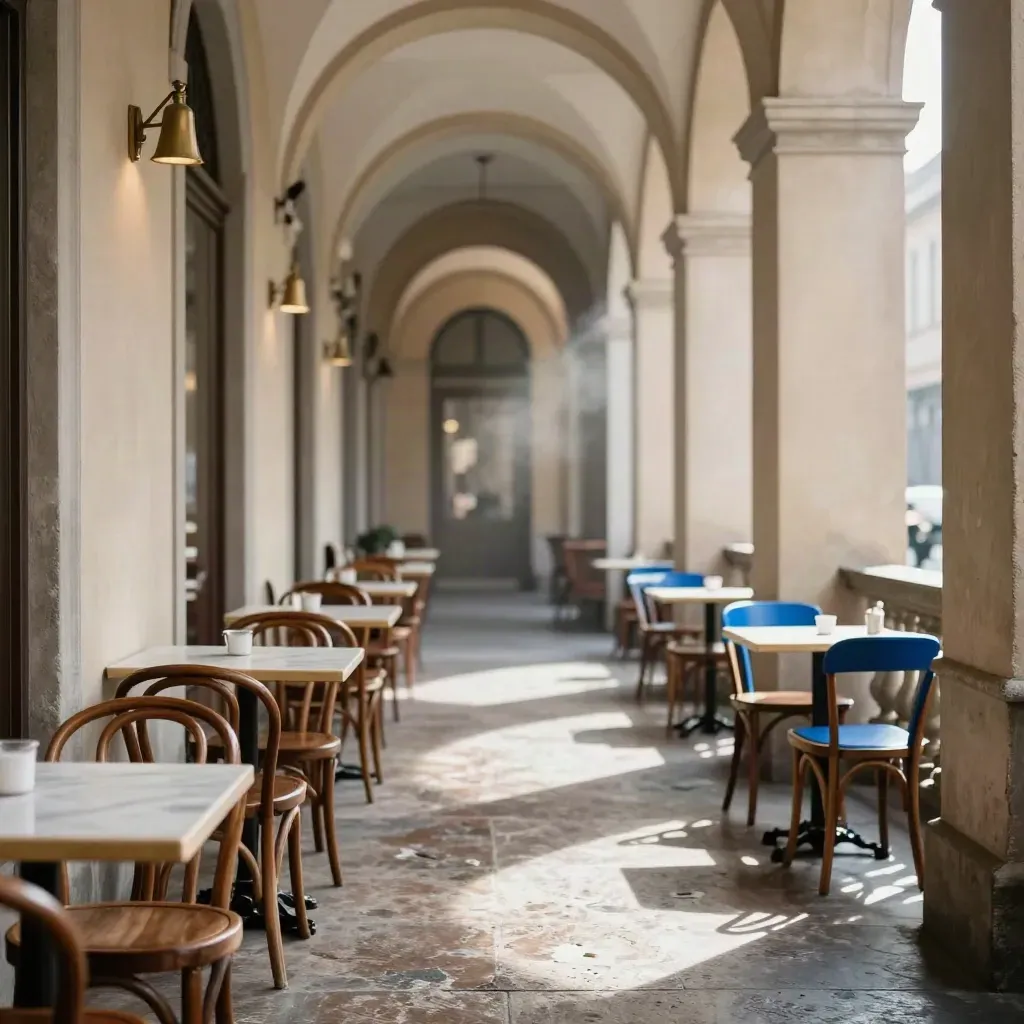 Portico torinese con tavolini vuoti, pavimento lucido e luce morbida tra le arcate