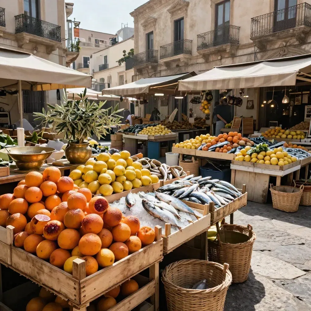 Mercato siciliano dall’alto con agrumi, pesci e facciate barocche al sole.