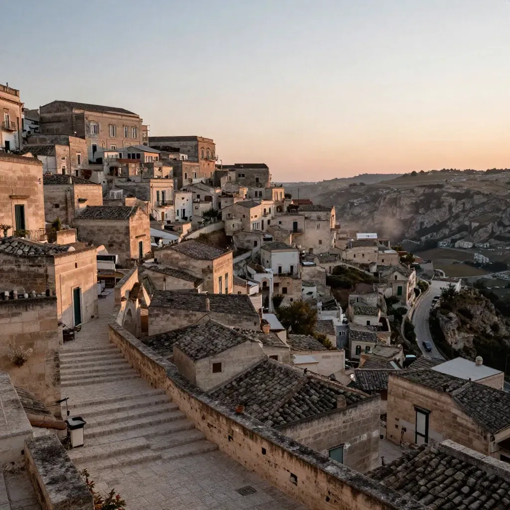 I Sassi di Matera al tramonto, con scalinate scavate e tetti sovrapposti in luce radente.