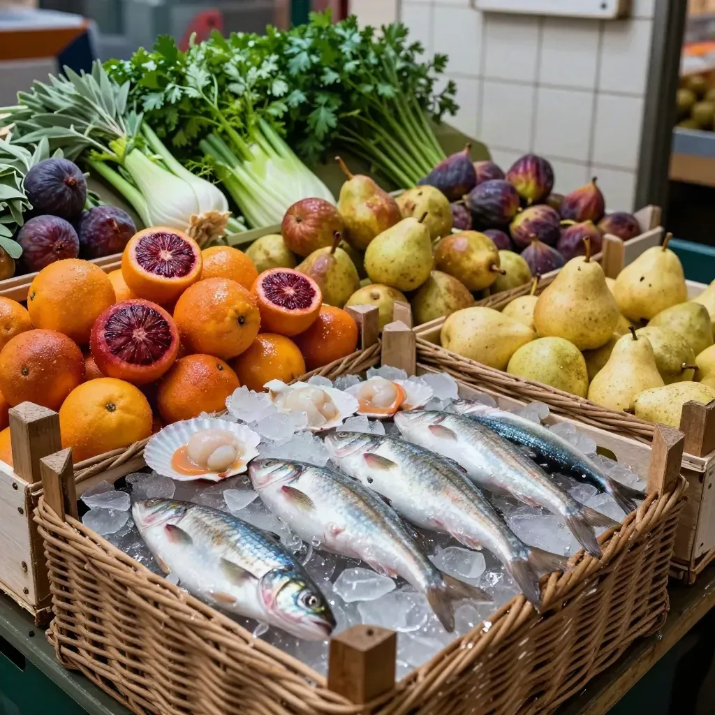 Cassette di frutta, pesce sul ghiaccio e erbe aromatiche in un mercato coperto italiano