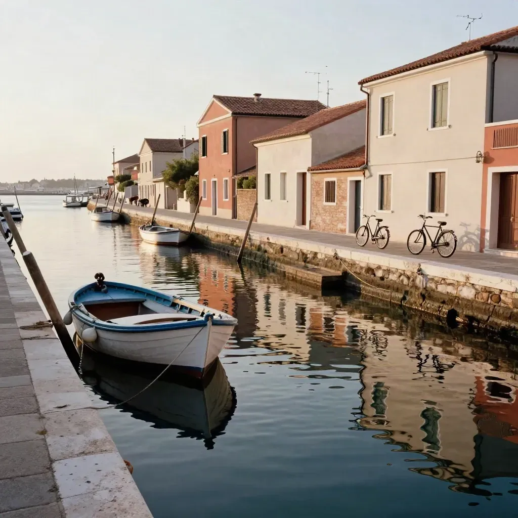 Canale di Cesenatico al tramonto, barche ormeggiate, bici e case basse sul mare.