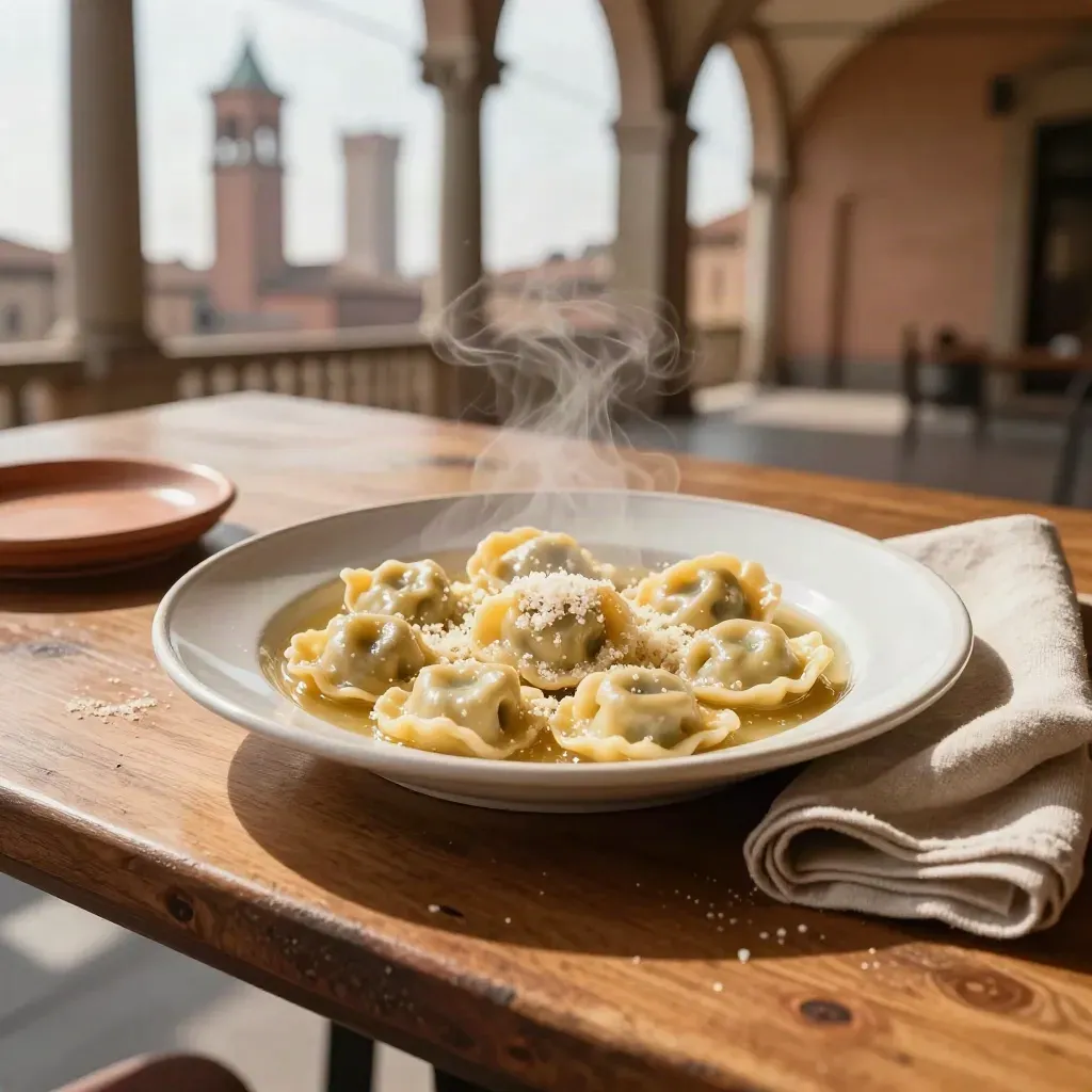 Tortellini fumanti su piatto di ceramica sotto i portici di Bologna, torri sfumate sullo sfondo.