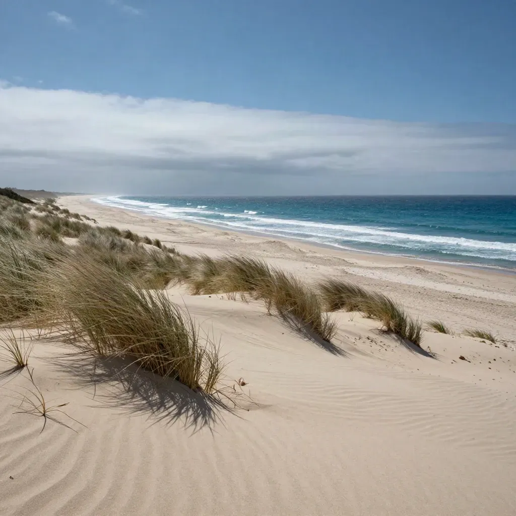 Spiaggia sarda quasi vuota con dune basse, mare chiaro e luce pulita tra le nuvole
