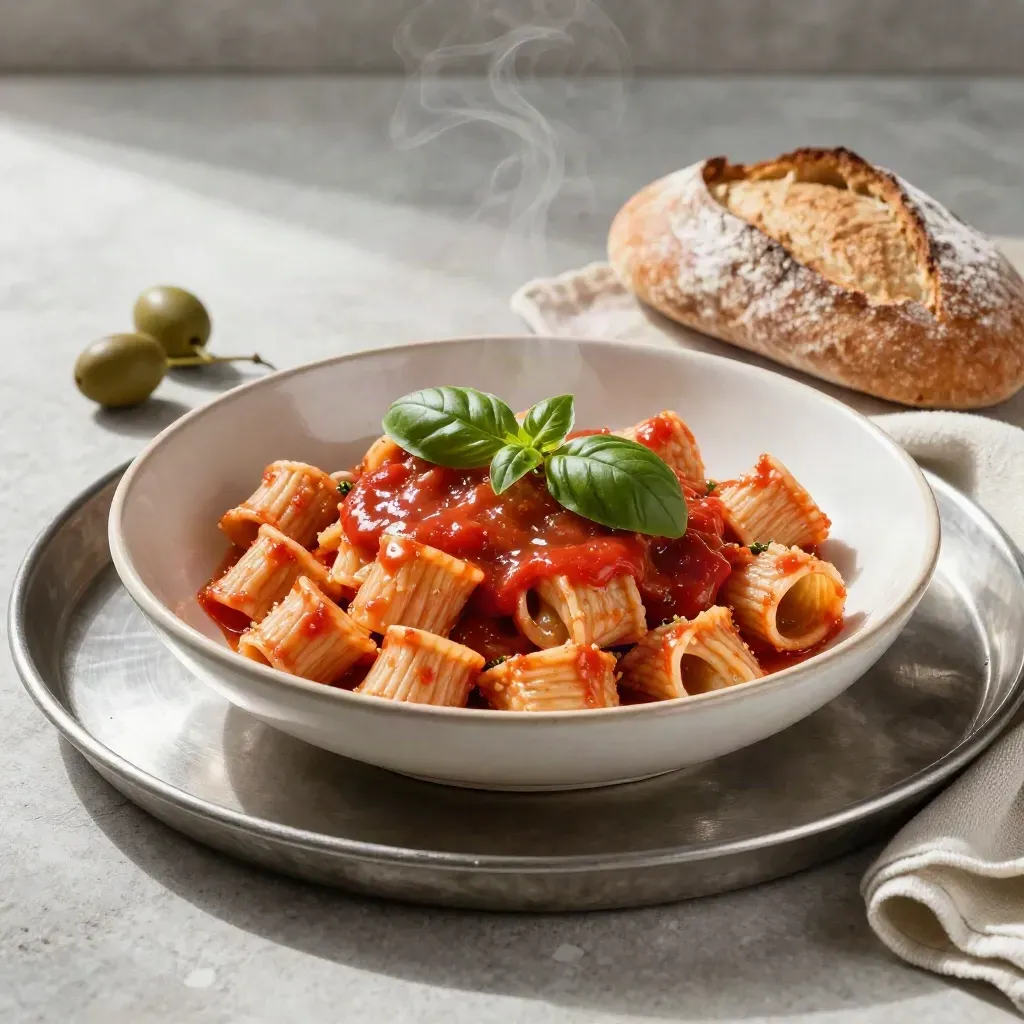 Ciotola di pasta al pomodoro con basilico, pane rustico e rametto d’ulivo su vassoio metallico.