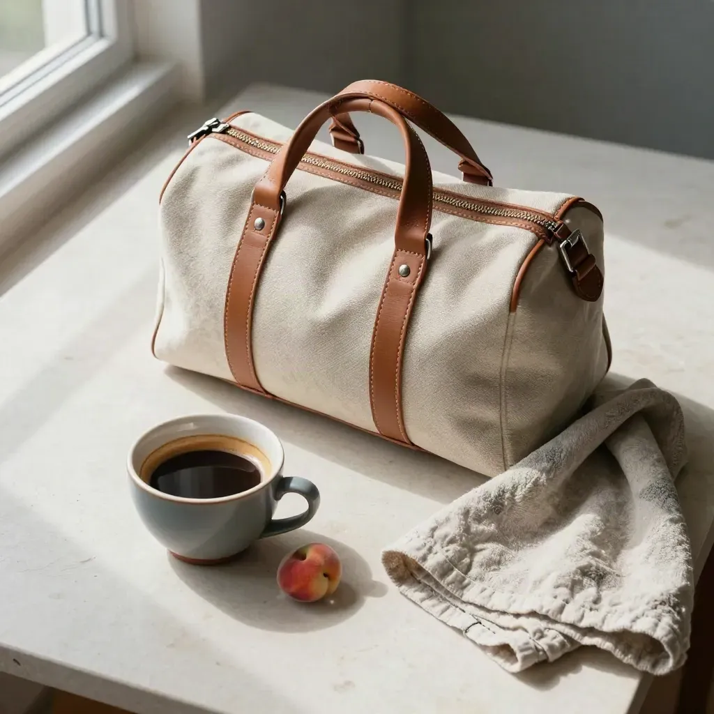 Borsa da viaggio, caffè, pesca e lino su tavolino chiaro, luce morbida