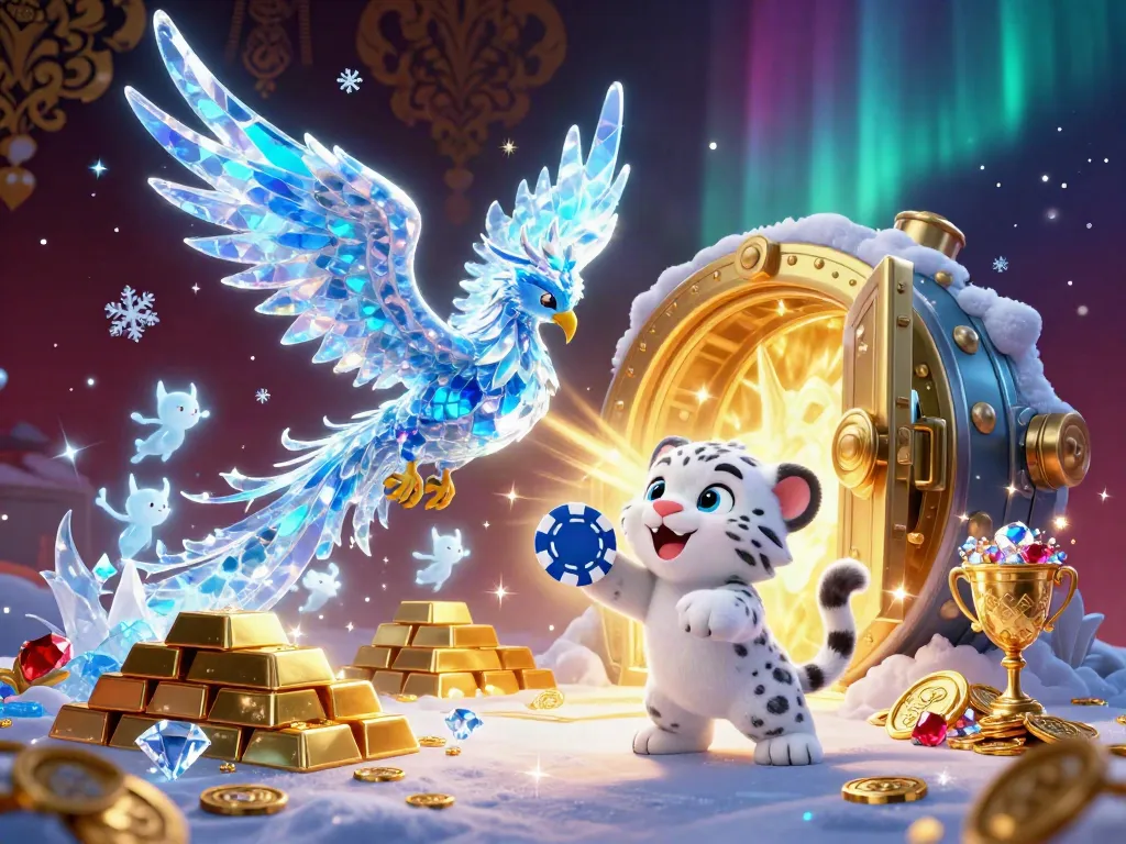 Experience the enchanting VB88 scene with an ice phoenix, snow leopard, and glowing sprites amidst sparkling treasures.