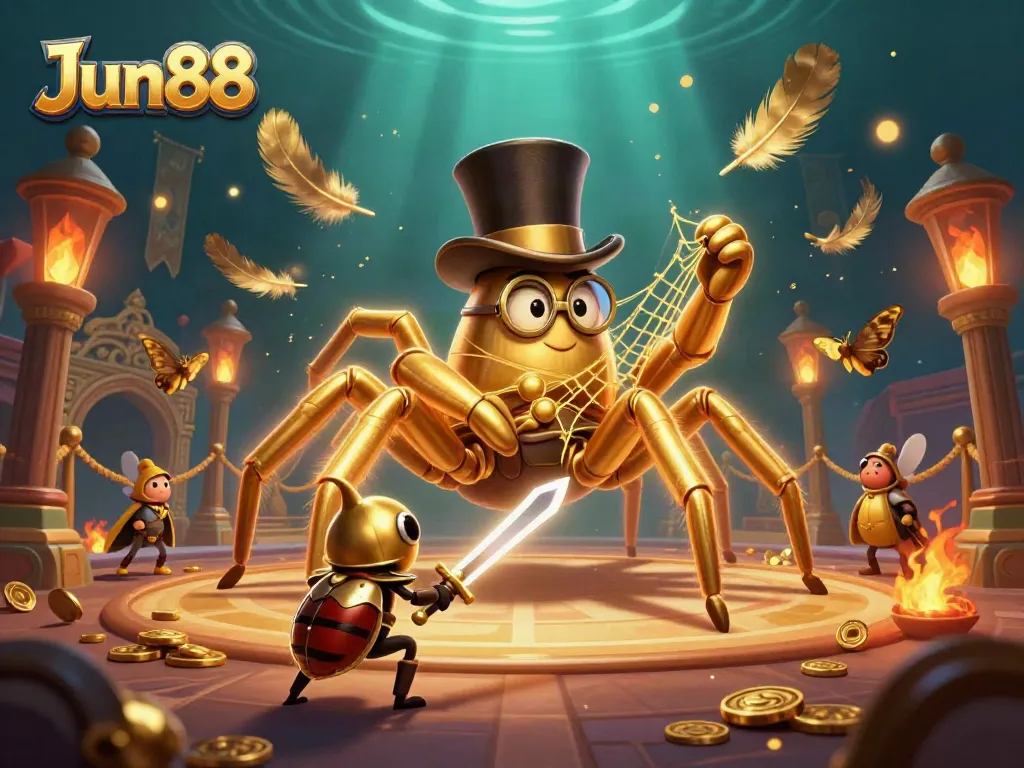 Experience thrilling gameplay with Jun88's vibrant casino adventures featuring a golden tarantula and brave beetle knight.