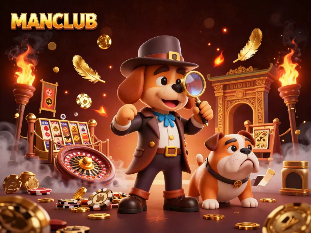 Engage in the thrilling adventure of MANCLUB with a cartoon detective and bulldog in a casino-themed scene.