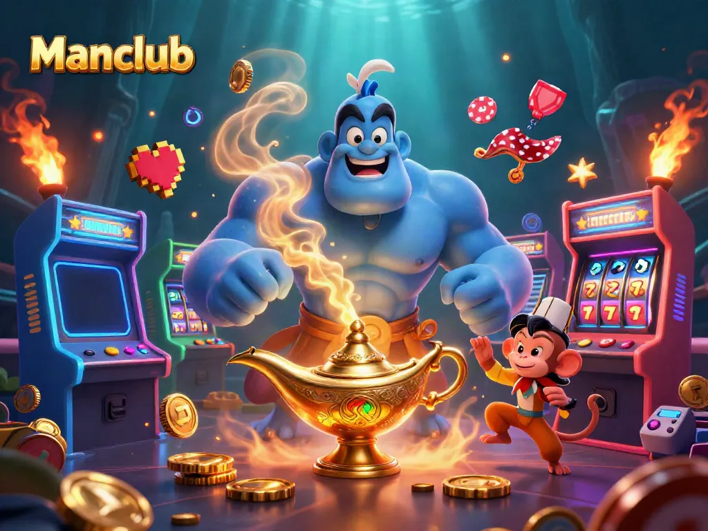 Manclub features a genie and monkey on a magic carpet amidst vibrant casino elements, showcasing excitement.