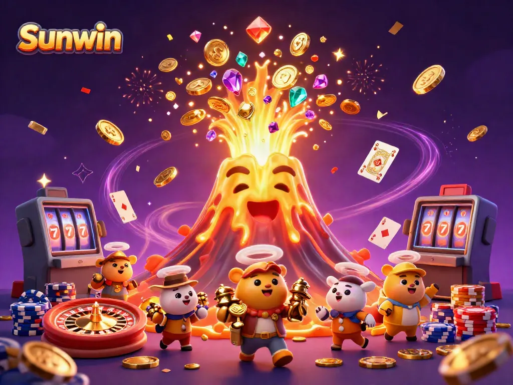 Sunwin entertainment scene with a golden volcano erupting treasures, dynamic casino elements, and vibrant visuals.