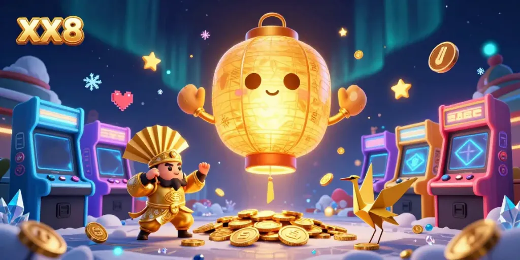 Engage with the vibrant XX 8 casino scene featuring a glowing lantern spirit amidst dynamic game elements.