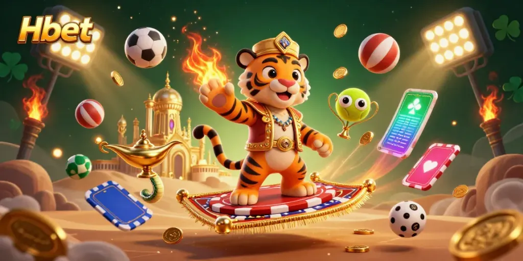 Experience exciting Hbet gaming moments with a vibrant 3D casino illustration showcasing dynamic characters and sports elements.
