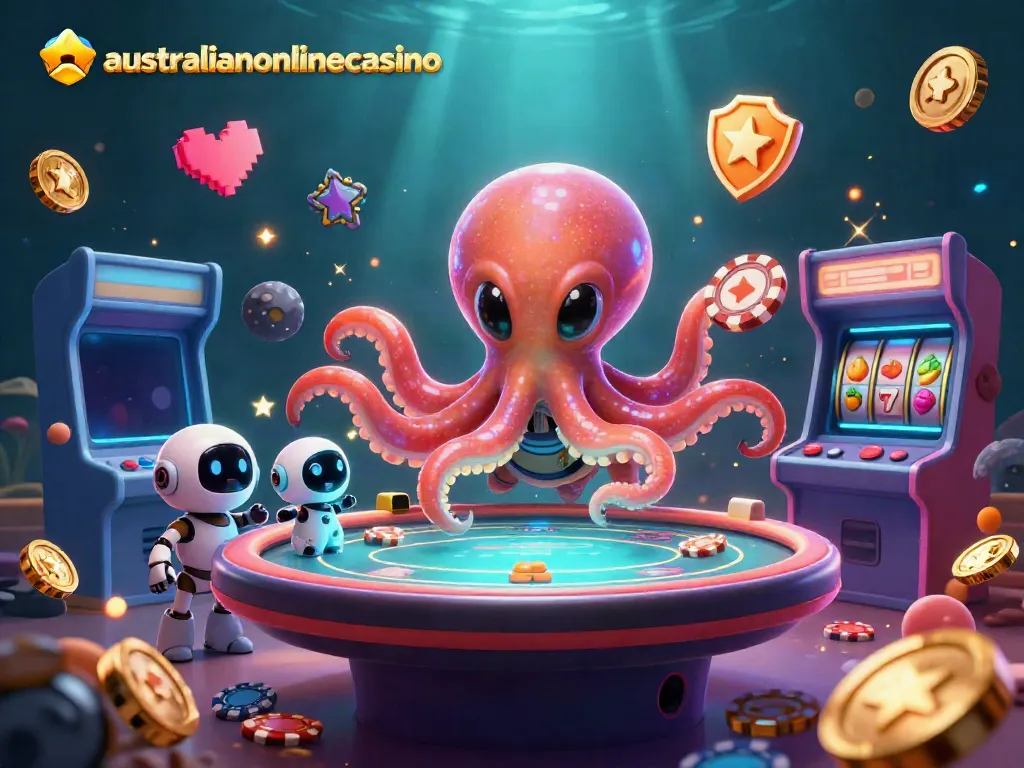 A vibrant scene showcasing the alien octopus and robot companion at a holographic poker table, embodying australianonlinecasino