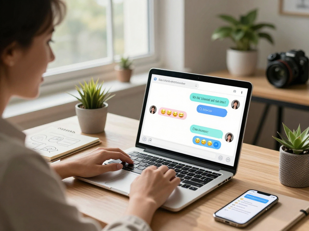 User engaging in a hot chat ai application on a laptop, surrounded by plants and natural light, showcasing modern tech-savvy workspace.
