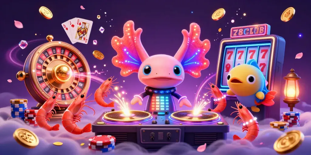 Experience the vibrant scene of 789CLUB, featuring a neon axolotl DJ and dazzling casino elements.