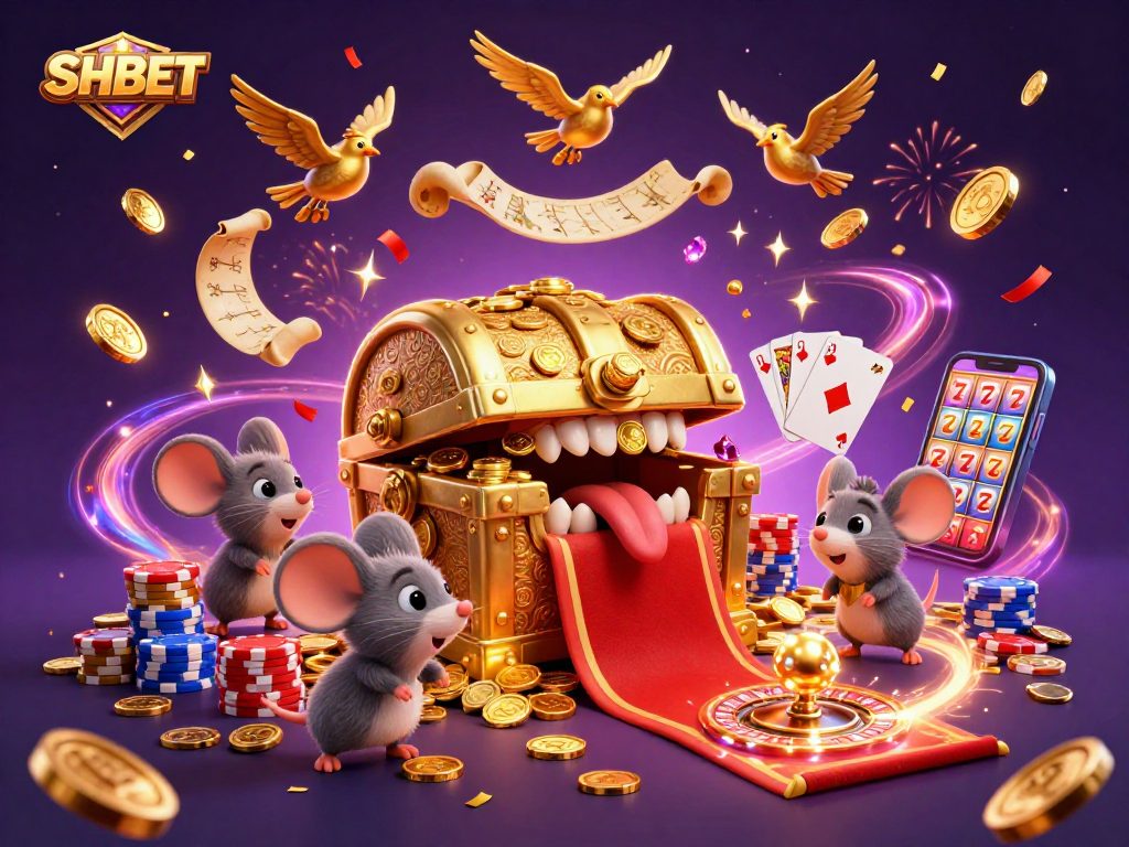 SHBET attracts players with a vibrant 3D casino scene filled with golden treasures and jackpots.