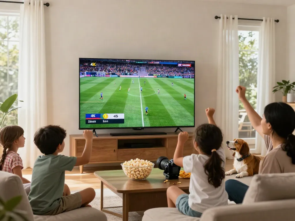 Family enjoying test iptv on a Smart TV in a cozy living room.