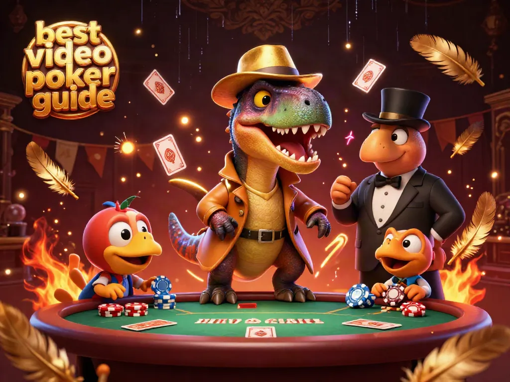 Experience the best video poker guide with fun dinosaur characters at an exciting poker table.